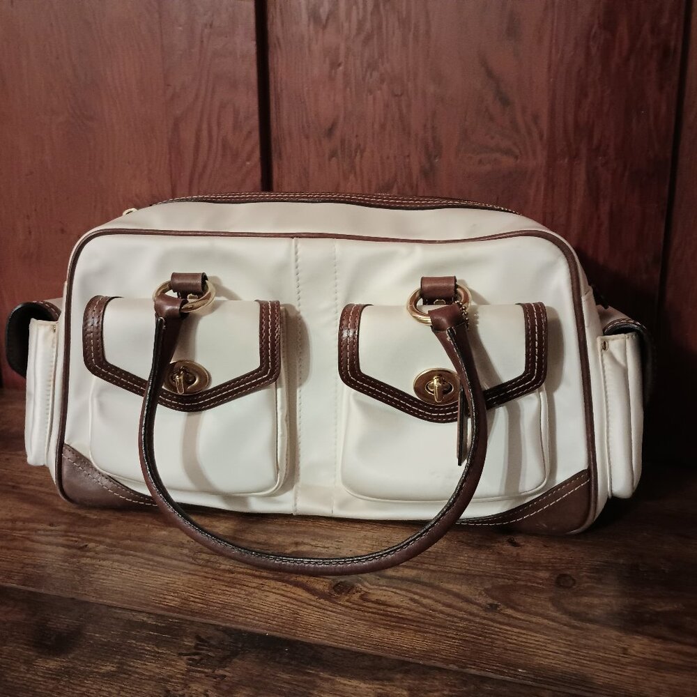 Coach Lane Silk Satchel White with Brown Leather Trim